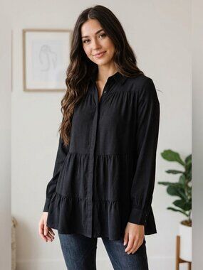 Versona Black Tiered Ruffle Babydoll Button Down Blouse Tunic Top Size Small